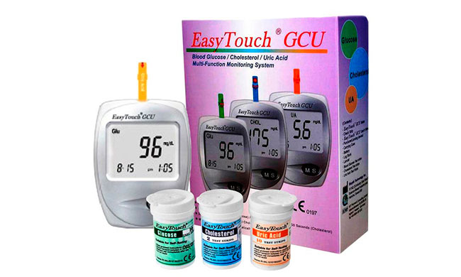 Электрохимический глюкометр EasyTouchу способен измерять не только уровень глюкозы в крови, но и холестерина и гемоглобина, для каждого тест-параметра предусмотрены индивидуальные тест-полоски