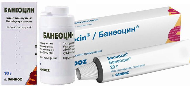 Банеоцин выпускают в форме мази и порошка, активные компоненты препарата, бацитрацин и неомицин