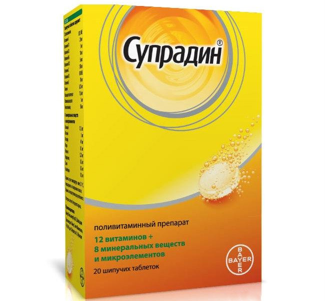 Супрадин — это мультивитаминный/мультиминеральный препарат, содержащий 12 витаминов в комбинации с 8 минералами и микроэлементами в сбалансированных пропорциях
